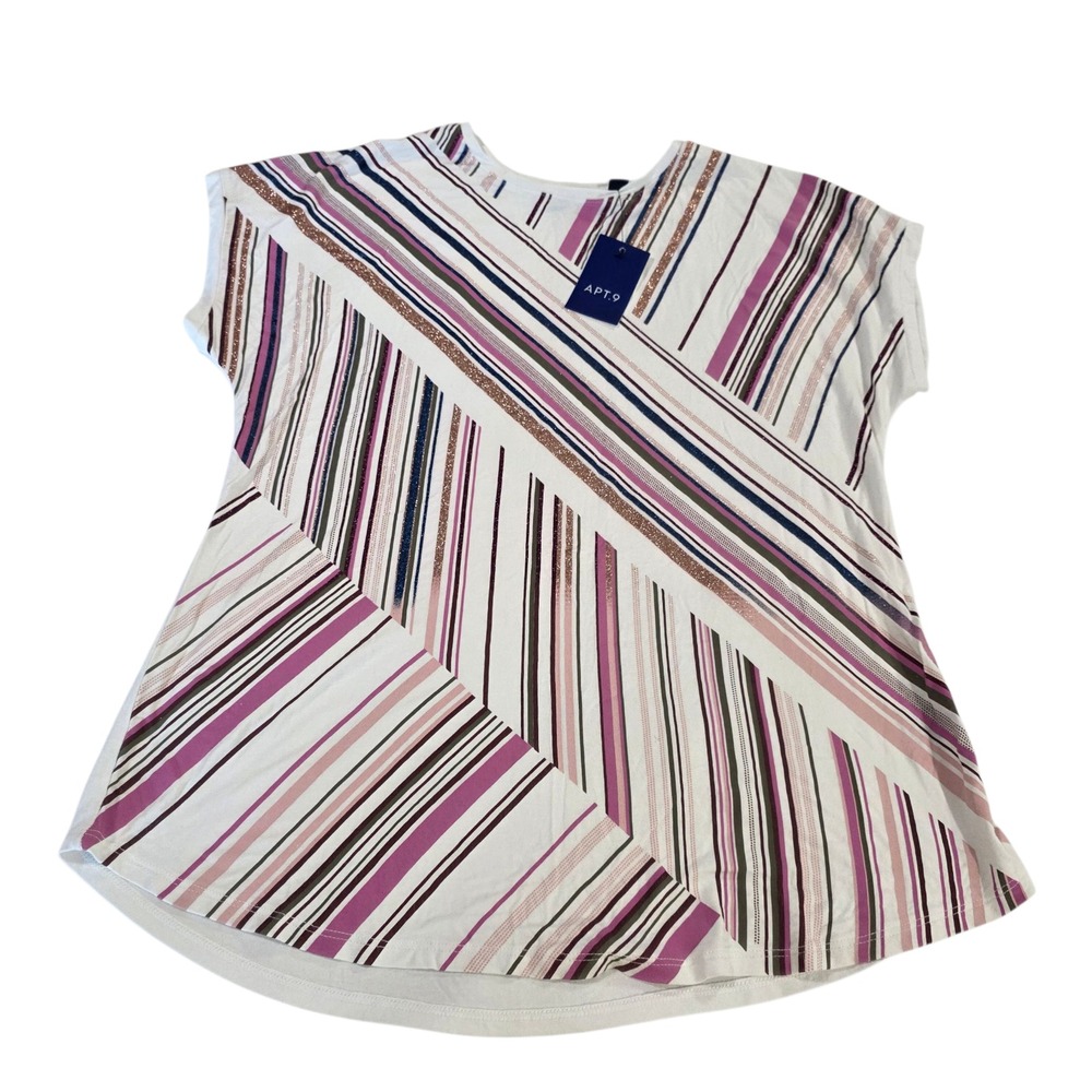 Apt 9 Blouse Top Womens White M Dolman Sleeve Diagonal Stripe‎ Stretch Pullover